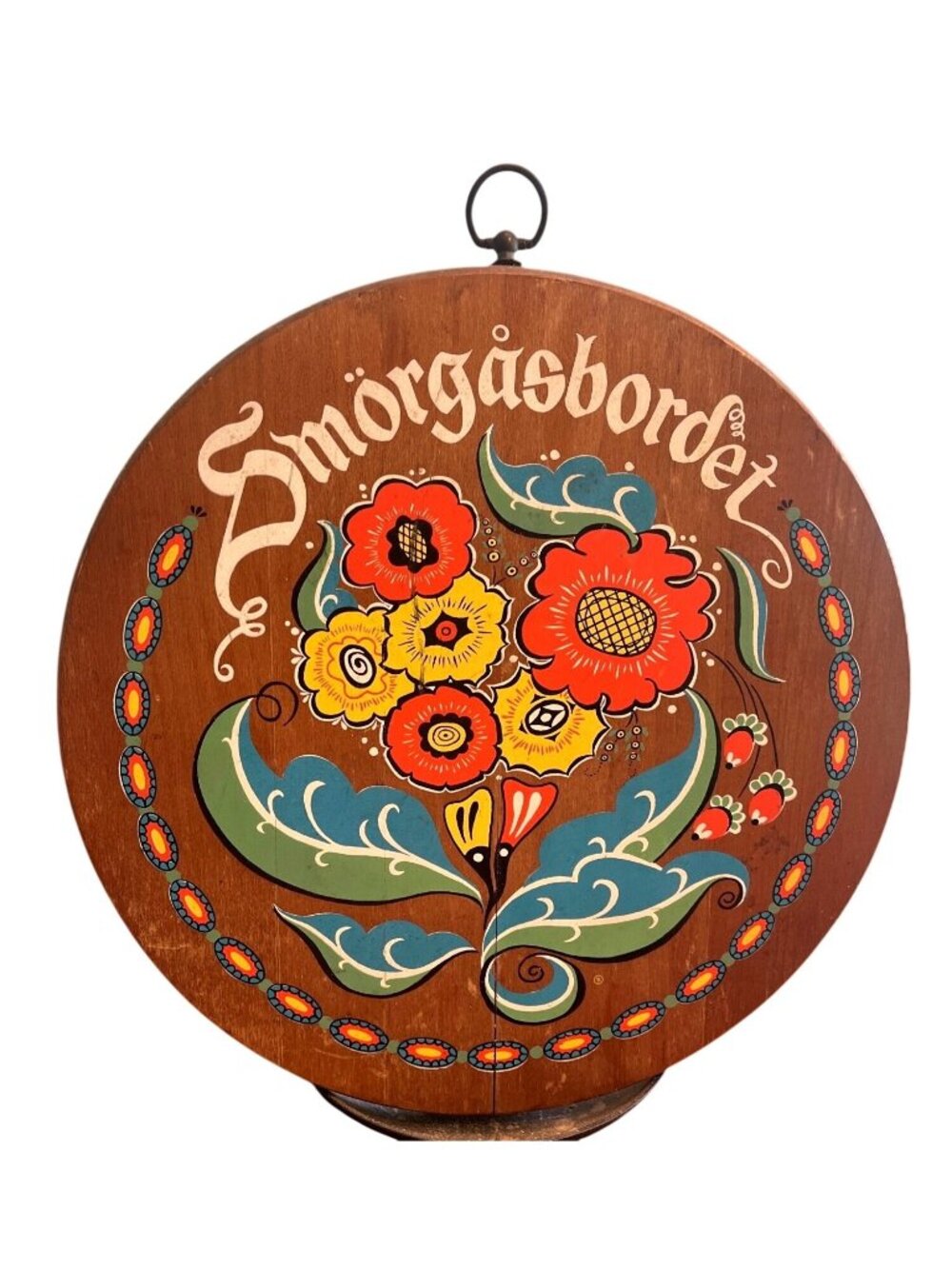 Vtg Hand-Painted Smörgåsbord Wooden Wall Plaque From Sweden With Floral Design